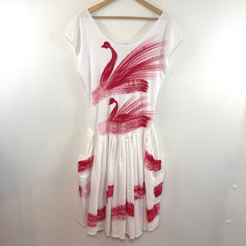 Vintage Swan Painted Art Midi Dress Made in Jamaica Art to Wear Resort Pockets L